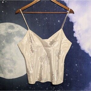 Vintage Satin Floral Camisole Top Size M Ivory Jacquard Lingerie Coquette Y2K